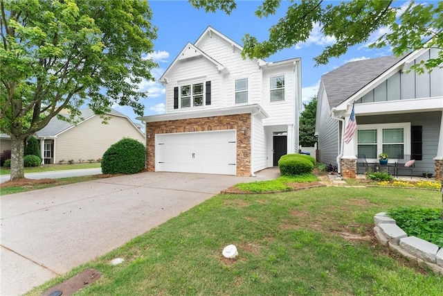 124 Oakmont Dr, Dawsonville, GA 30534 - craftsman inspired home with stone siding, a garage, board and batten siding, and driveway
