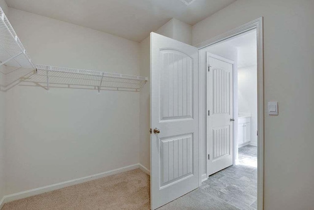 walk in closet with light colored carpet