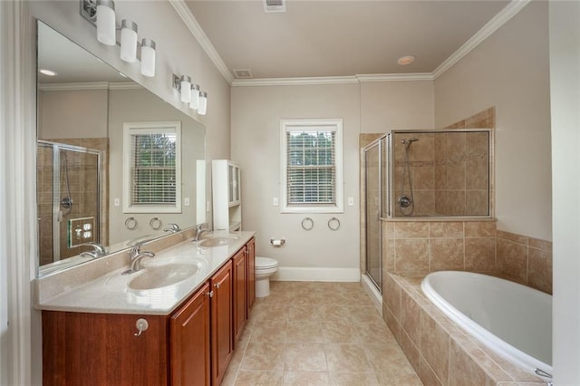 full bath featuring a stall shower, a garden tub, crown molding, double vanity, and tile patterned flooring
