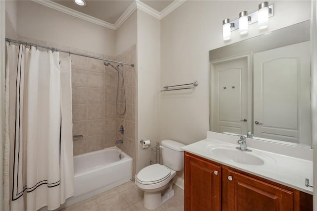 full bathroom featuring crown molding, toilet, tile patterned floors, vanity, and shower / tub combo
