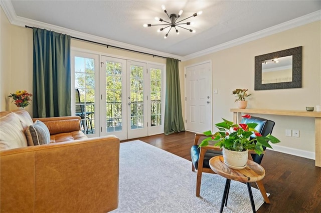 living room featuring dark hardwood / wood-style flooring and ornamental molding