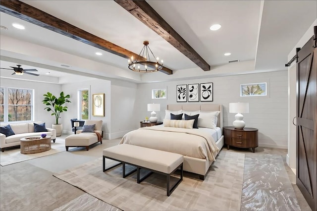 bedroom featuring a barn door, multiple windows, recessed lighting, beamed ceiling, and a chandelier