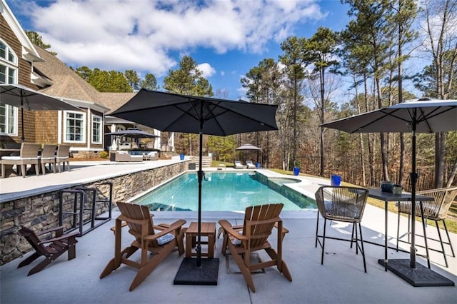 view of pool with a bar and a patio