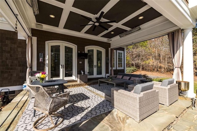 view of patio / terrace featuring french doors, ceiling fan, and outdoor lounge area