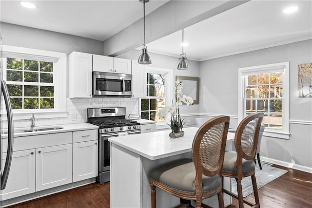 kitchen featuring tasteful backsplash, stainless steel appliances, dark wood-type flooring, and a sink