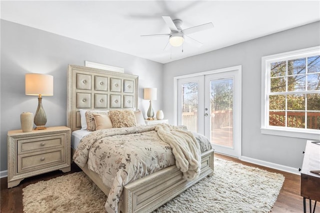 bedroom featuring access to exterior, ceiling fan, baseboards, french doors, and wood finished floors