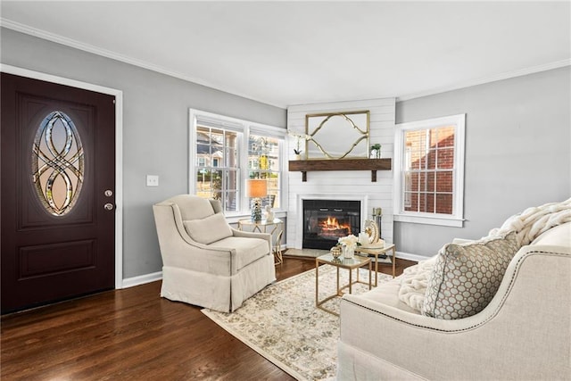 living area featuring wood finished floors, a fireplace, baseboards, and ornamental molding