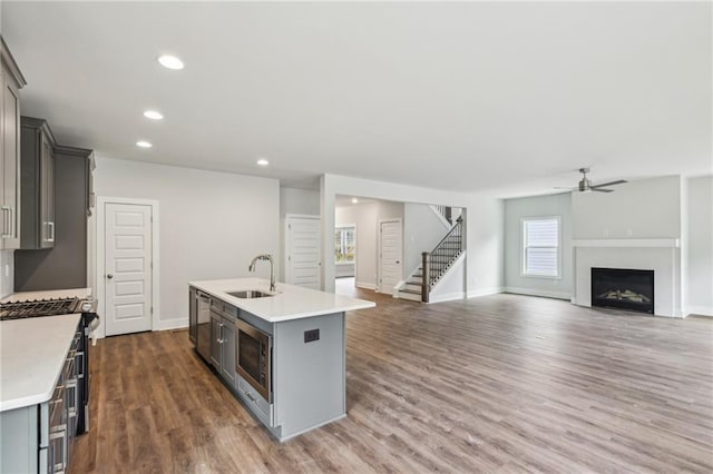 kitchen featuring gray cabinets, stainless steel appliances, light countertops, and a sink