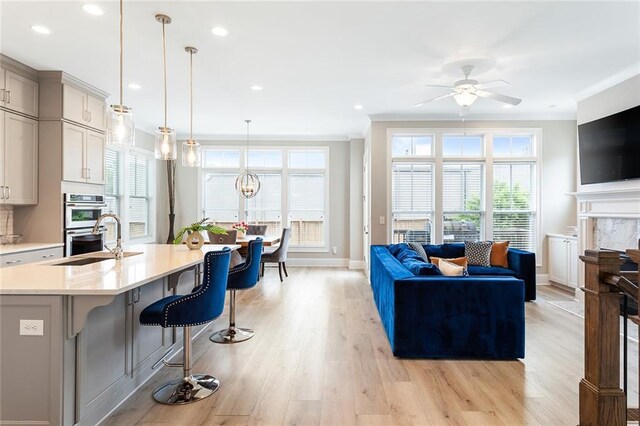 interior space with plenty of natural light, light wood-style flooring, ceiling fan with notable chandelier, and a high end fireplace