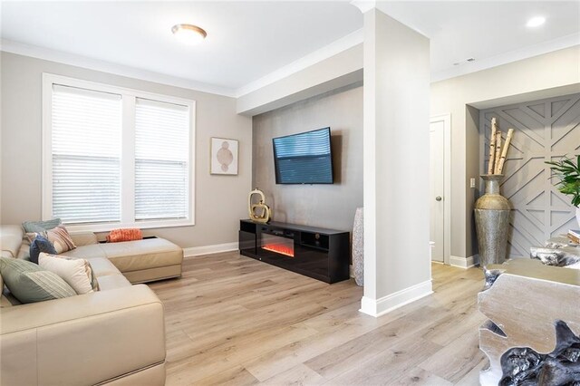 living room featuring baseboards, ornamental molding, and light wood-style floors
