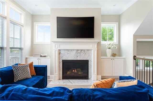 living area featuring a fireplace