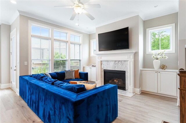 living room featuring crown molding, a healthy amount of sunlight, light wood finished floors, and a fireplace