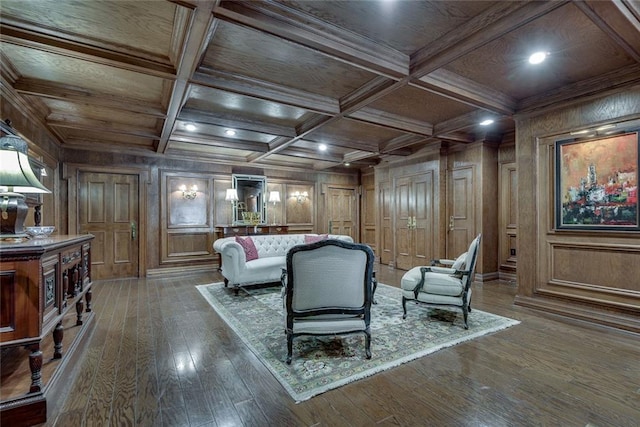 sitting room with hardwood / wood-style floors, recessed lighting, wooden ceiling, coffered ceiling, and beamed ceiling