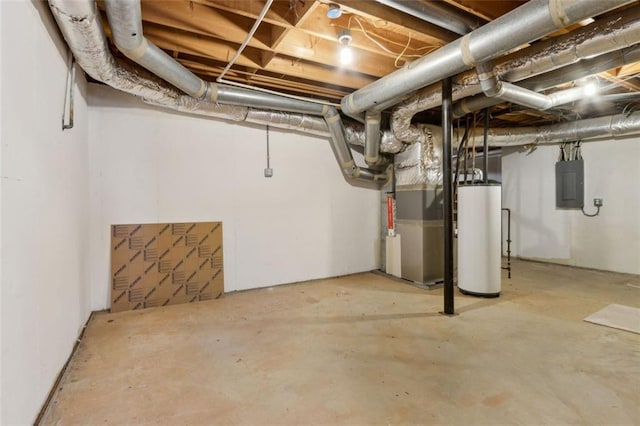 unfinished basement with electric panel, heating unit, and gas water heater