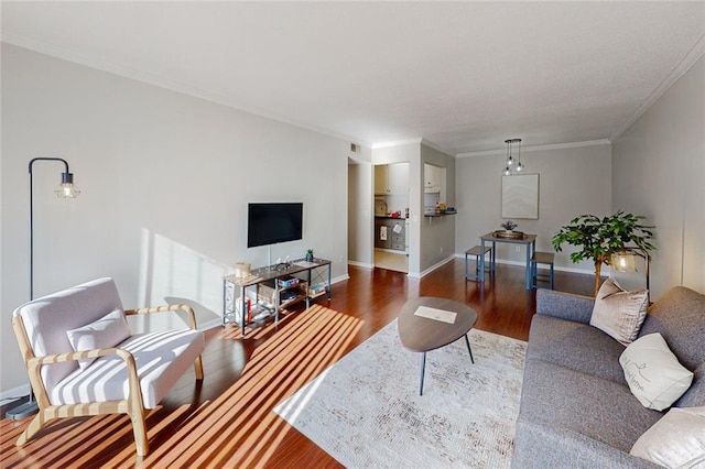 living room featuring dark wood-type flooring and ornamental molding