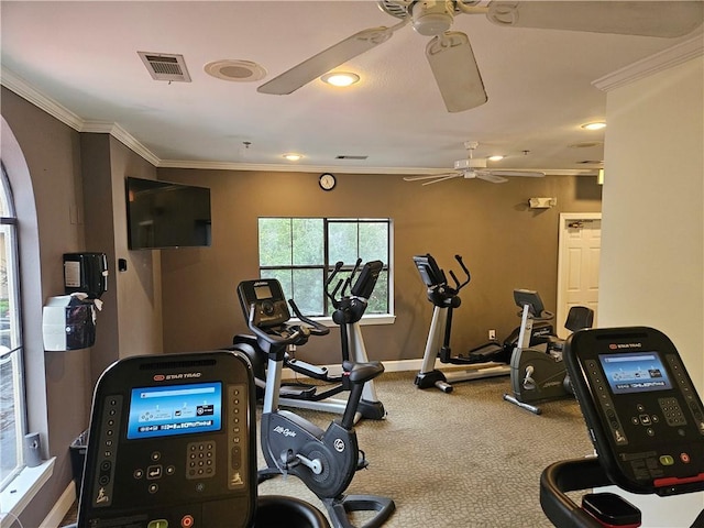 exercise room featuring ceiling fan and ornamental molding