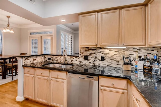 kitchen with light brown cabinetry, decorative light fixtures, dishwasher, sink, and ornamental molding