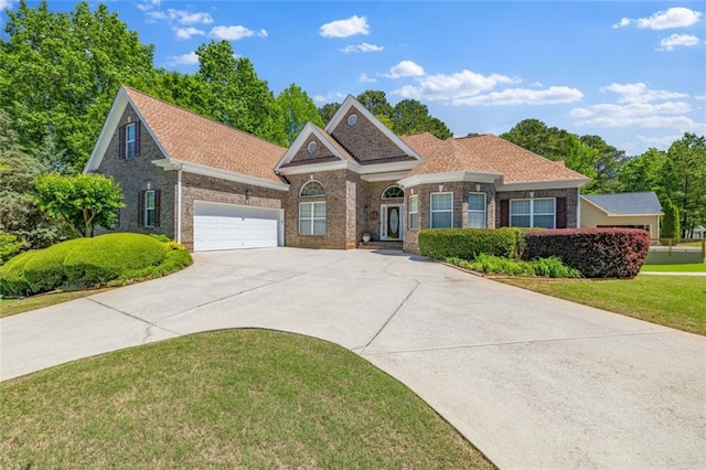 ranch-style house featuring brick siding, a garage, driveway, and a front yard