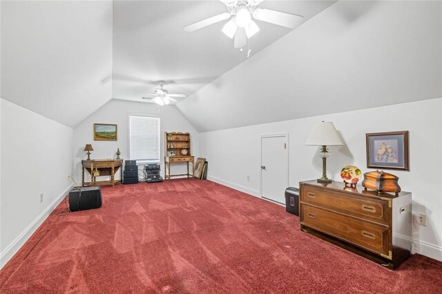 bonus room with a ceiling fan, vaulted ceiling, carpet floors, and baseboards