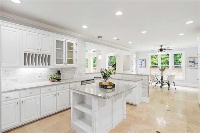130 Robin Rd, Marietta, GA 30067 - kitchen featuring a peninsula, open shelves, a ceiling fan, white cabinetry, and stainless steel dishwasher