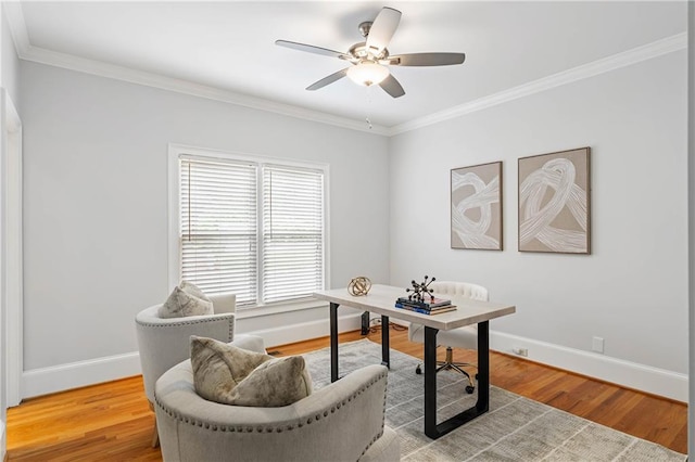 130 Robin Rd, Marietta, GA 30067 - office area featuring crown molding, a ceiling fan, baseboards, and light wood-type flooring