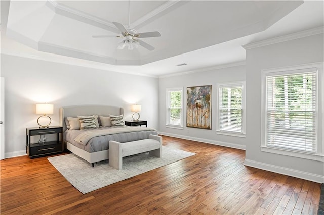 130 Robin Rd, Marietta, GA 30067 - bedroom featuring a raised ceiling, hardwood / wood-style floors, crown molding, baseboards, and a ceiling fan