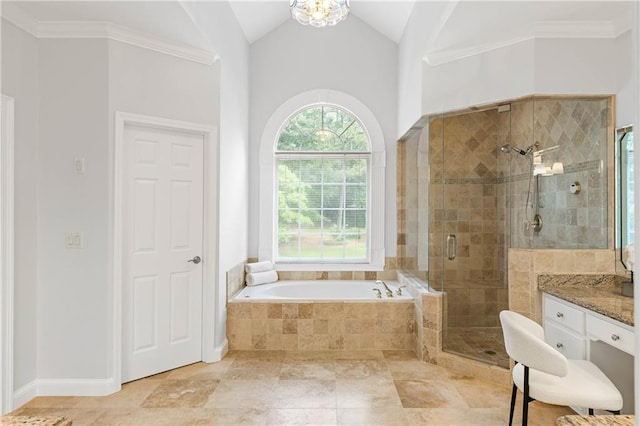 130 Robin Rd, Marietta, GA 30067 - bathroom with a stall shower, a bath, vanity, and high vaulted ceiling