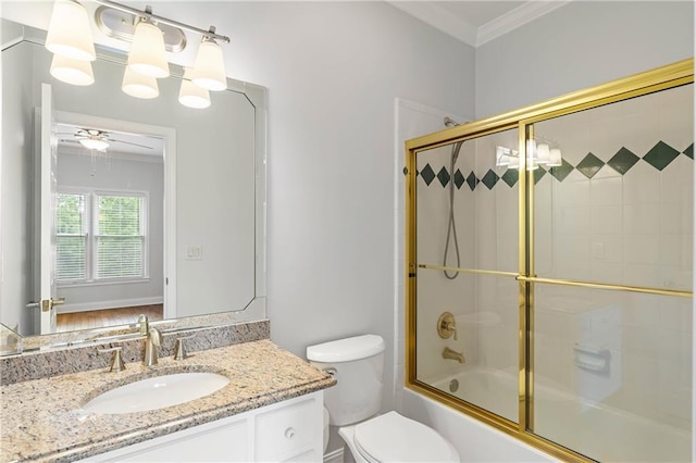 130 Robin Rd, Marietta, GA 30067 - full bath with crown molding, vanity, shower / bath combination with glass door, toilet, and a ceiling fan