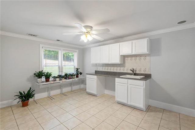 130 Robin Rd, Marietta, GA 30067 - kitchen featuring a sink, ornamental molding, dark countertops, a ceiling fan, and tasteful backsplash