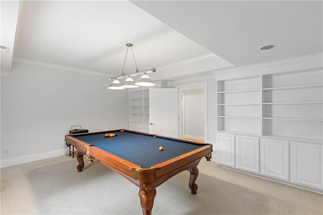 130 Robin Rd, Marietta, GA 30067 - recreation room featuring light colored carpet, ornamental molding, billiards, built in features, and baseboards