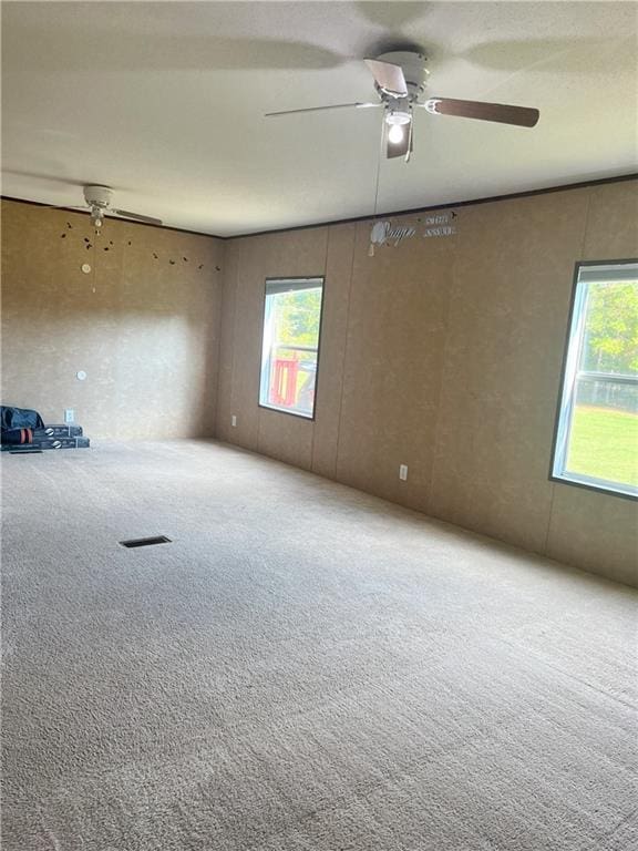 empty room with a healthy amount of sunlight, carpet flooring, and ceiling fan