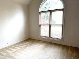 empty room featuring light carpet, baseboards, and lofted ceiling
