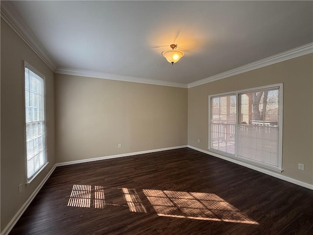 empty room with a wealth of natural light, baseboards, and dark wood-style flooring