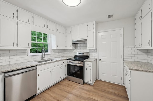 kitchen featuring a sink, decorative backsplash, appliances with stainless steel finishes, white cabinetry, and under cabinet range hood