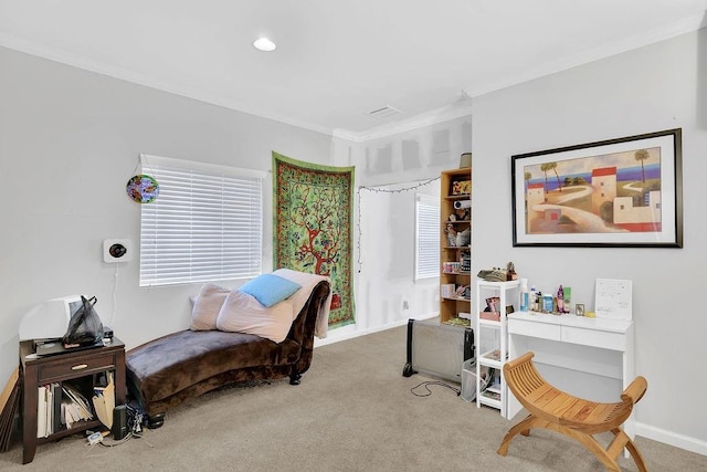 sitting room with light carpet and crown molding