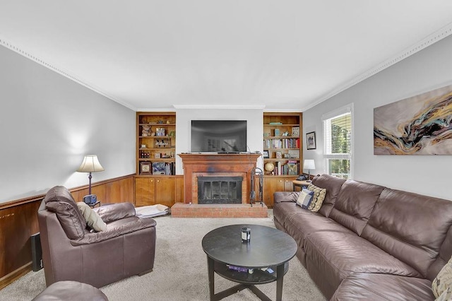 living room featuring wooden walls, a fireplace, built in shelves, and light colored carpet