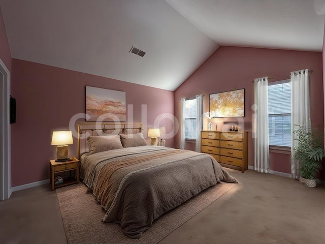 bedroom featuring carpet and lofted ceiling