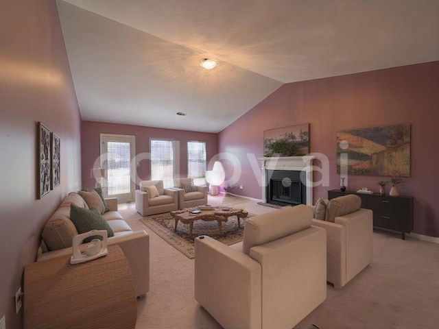 carpeted living room with vaulted ceiling