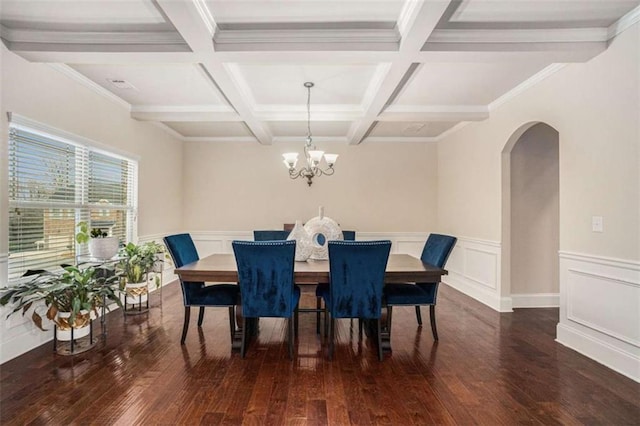 dining area featuring arched walkways, coffered ceiling, wainscoting, beamed ceiling, and wood finished floors