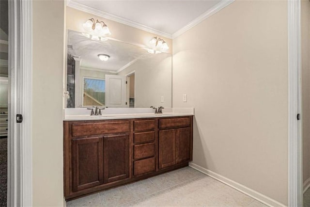 full bathroom featuring crown molding, a sink, baseboards, and double vanity