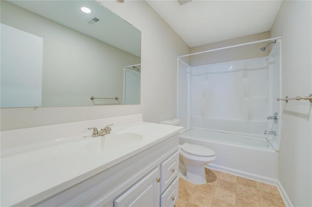 full bathroom featuring shower / bathing tub combination, vanity, and toilet