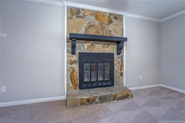 room details with a fireplace, ornamental molding, carpet, and a textured ceiling