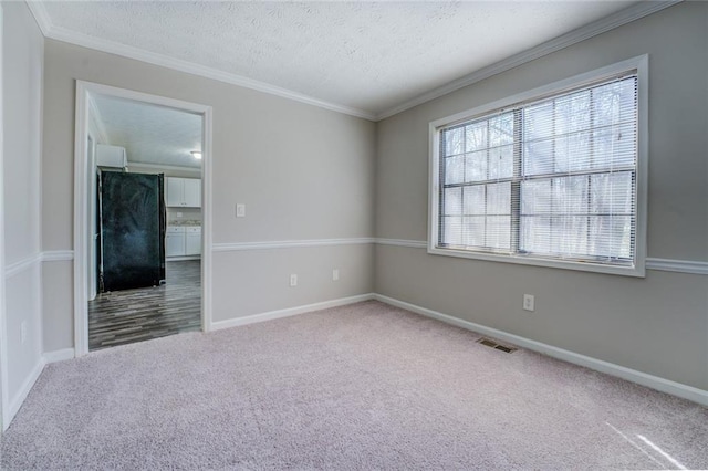 unfurnished room featuring carpet, crown molding, and a textured ceiling