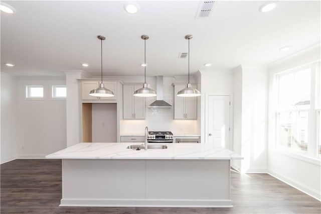 5448 Howington Ct E Unit 194, Buford, GA 30518 - kitchen featuring wall chimney exhaust hood, a sink, baseboards, dark wood finished floors, and ornamental molding