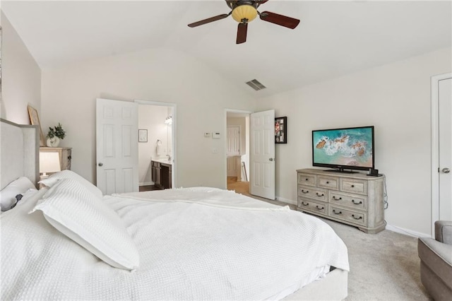 5225 Stonehaven Vw, Cumming, GA 30040 - bedroom featuring lofted ceiling, light colored carpet, baseboards, a ceiling fan, and connected bathroom