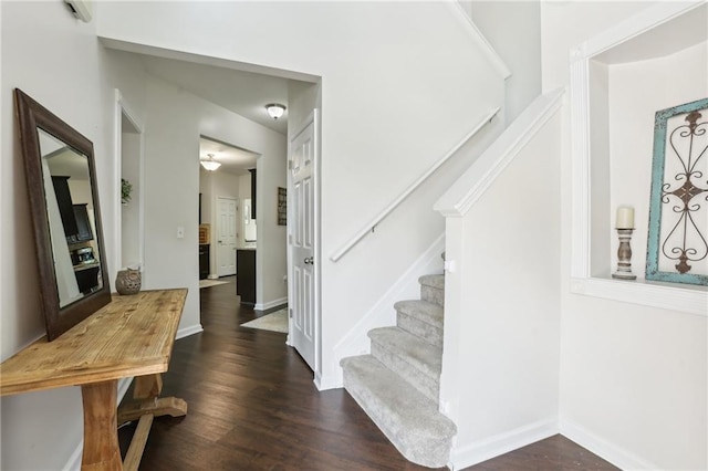 5225 Stonehaven Vw, Cumming, GA 30040 - entrance foyer featuring stairs, dark wood-style flooring, and baseboards