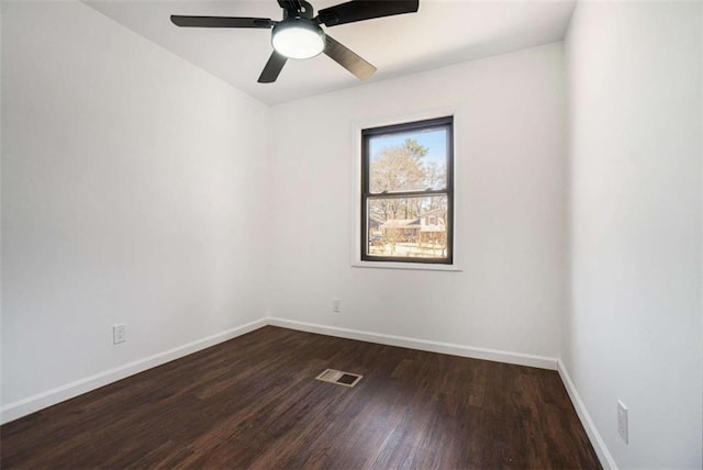 spare room with ceiling fan and dark hardwood / wood-style flooring