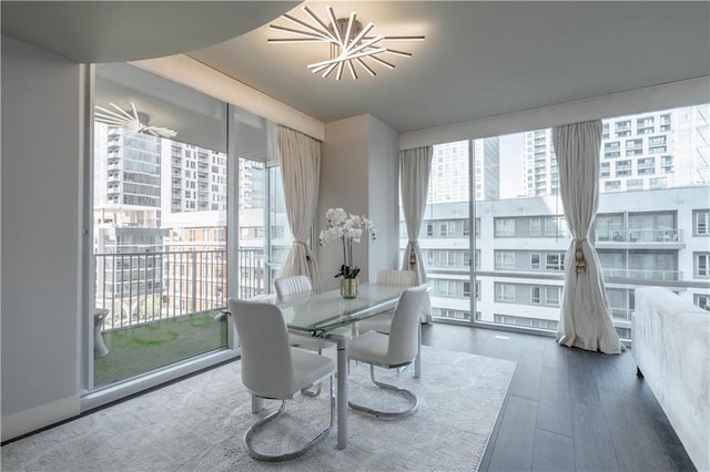 dining area with dark hardwood / wood-style flooring and floor to ceiling windows