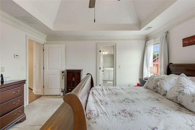 735 Neel Reid Dr, Roswell, GA 30075 - bedroom with visible vents, light carpet, ensuite bath, and lofted ceiling