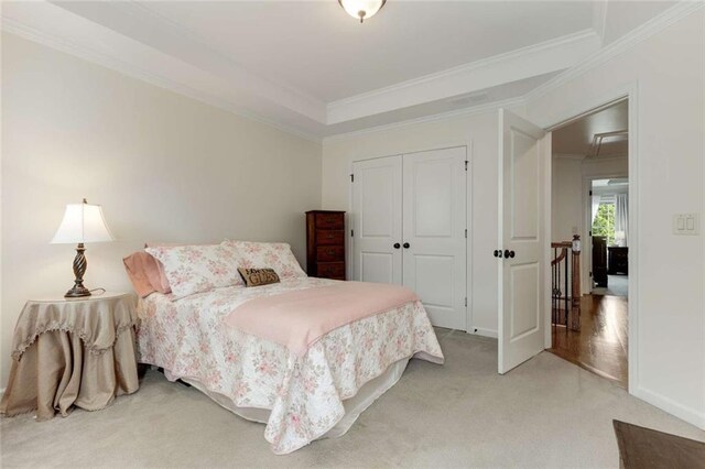 735 Neel Reid Dr, Roswell, GA 30075 - bedroom with attic access, a closet, ornamental molding, and carpet floors